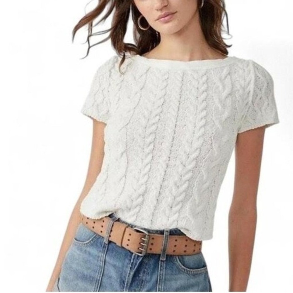 Free people cable knit white t shirt NEW size xs basic staple capsule wardrobe